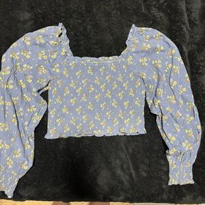 Aerie Blue Smocked Crop Blouse with Puff Sleeves